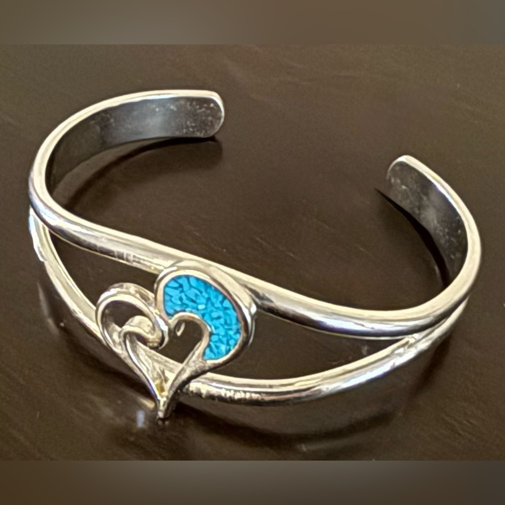 Vintage Sterling Silver Turquoise Inlay Heart Cuff Bracelet - Picture 3 of 7
